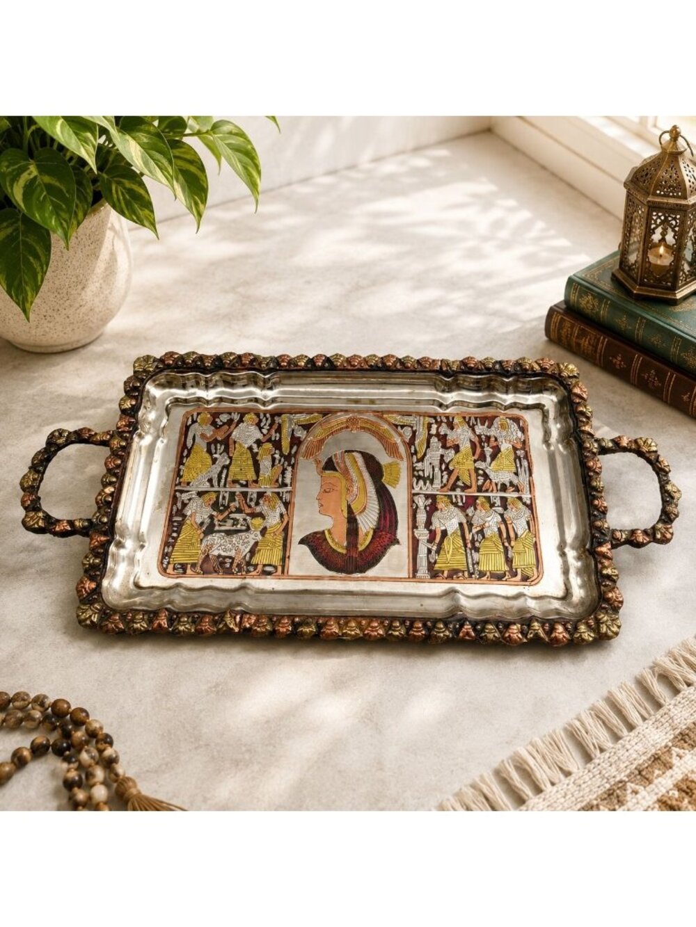 Vintage Egyptian-Inspired Metal Serving Tray With Handles & Detailed Hieroglyphi